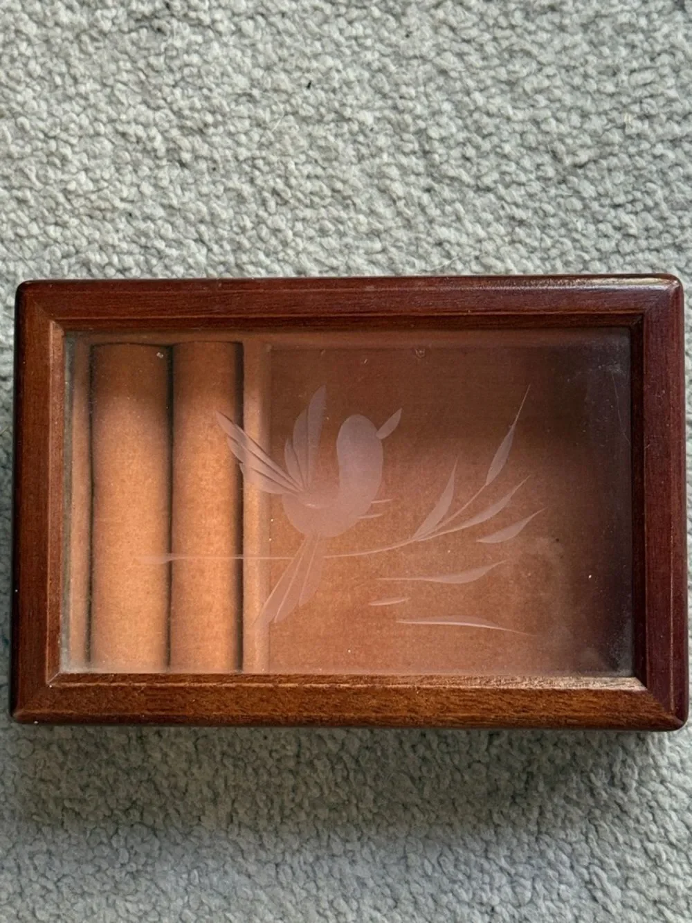 Vintage Wooden Jewelry Box with Etched Glass Bird !